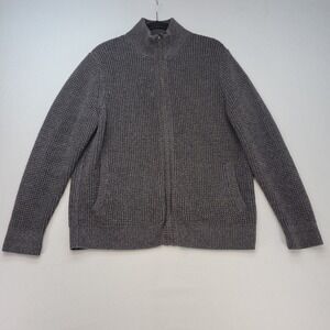 LL Bean Full Zip Sweater Mens Large Gray Organic Cotton Waffle Knit Mock Neck